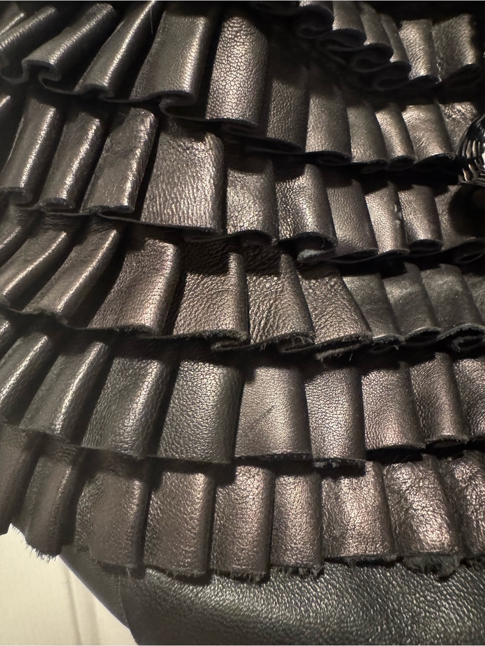 Black Leather Ruffle Drawstring Women’s Backpack - Picture 2 of 8